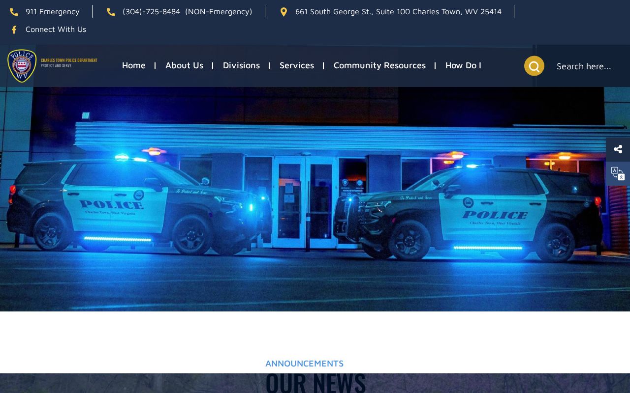 Charles Town Police Department official contact page for Jefferson County arrest record requests