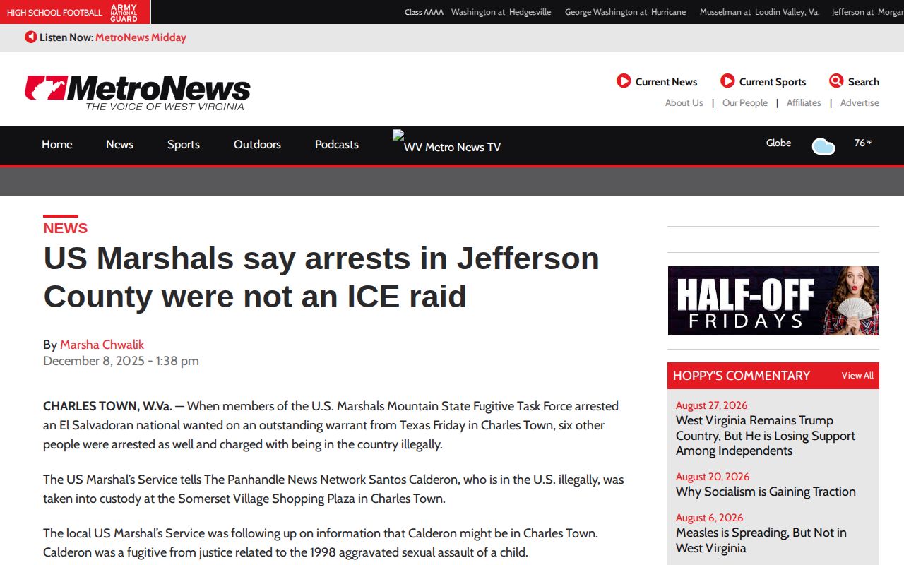 Jefferson County arrest news example from WV MetroNews